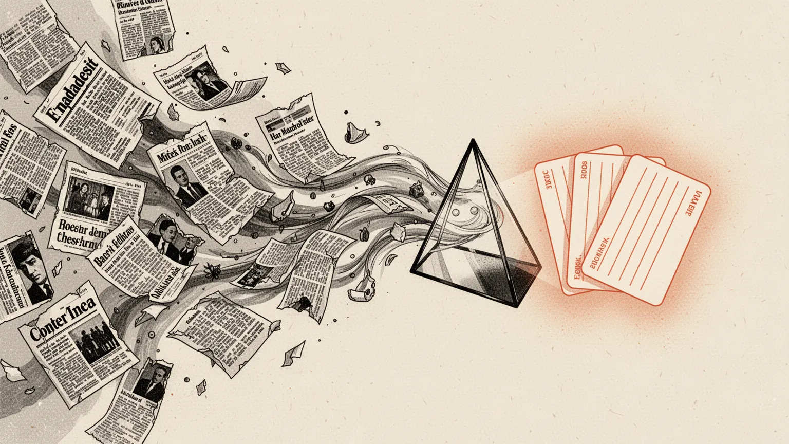 Scattered newspaper clippings stream through a prism and come out as three neat cards